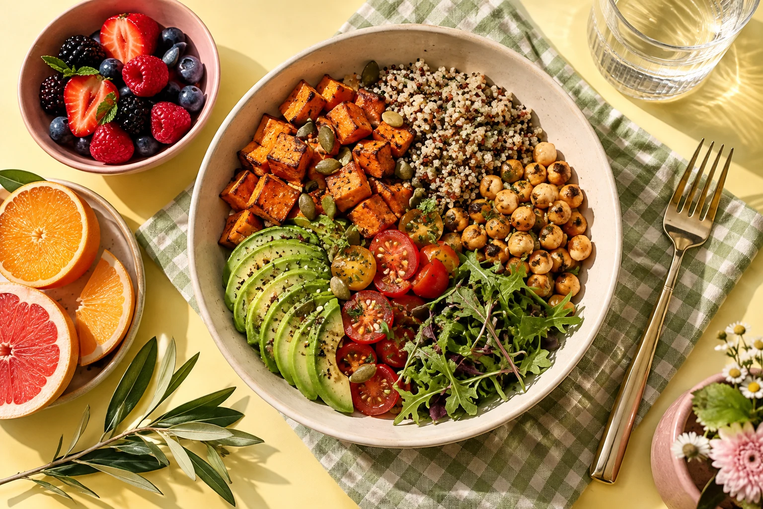 Plato de vegetales, quinoa, garbanzos y aguacate
