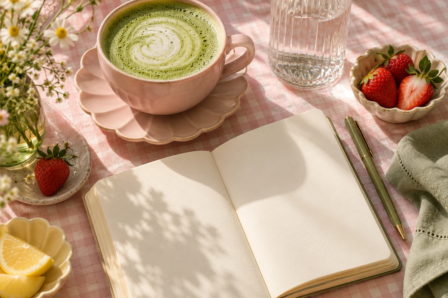 Cuaderno abierto, matcha y fresas sobre mantel de cuadros rosa